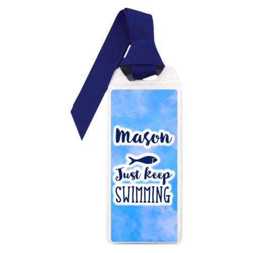 Personalized book mark personalized with light blue cloud pattern and the sayings "Just Keep Swimming" and "Mason"