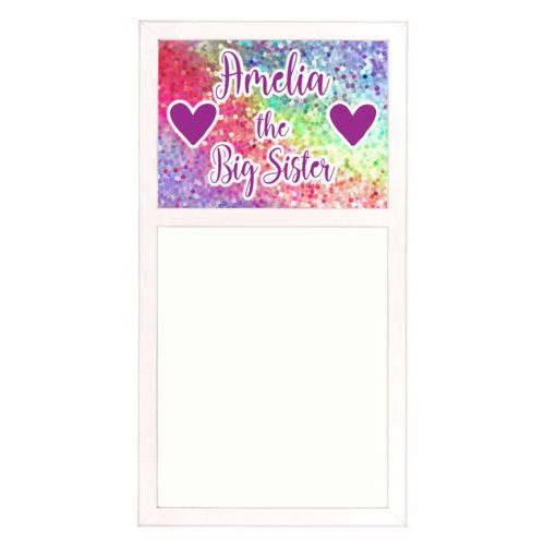 Personalized white board personalized with glitter pattern and the sayings "Amelia the Big Sister" and "Heart" and "Heart"