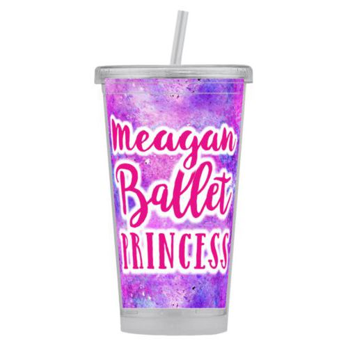 Personalized tumbler personalized with splatter paint pattern and the sayings "ballet princess" and "Meagan"