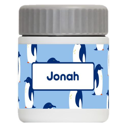 Personalized 12oz food jar personalized with penguins pattern and name in blue