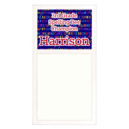 Personalized white board personalized with alphabet pattern and the saying "3rd Grade Spelling Bee Champion Harrison"