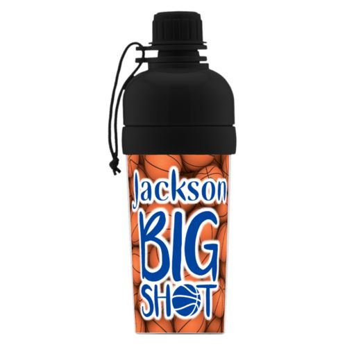 Personalized water bottle for kids personalized with basketballs pattern and the sayings "big shot" and "Jackson"