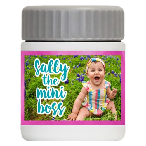 Personalized 12oz food jar personalized with pink cloud pattern and photo and the saying "Sally the mini boss"