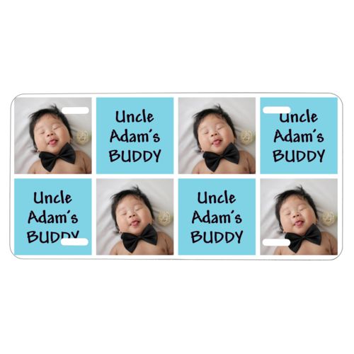 Custom plate personalized with a photo and the saying "Uncle Adam's BUDDY" in black and sweet teal