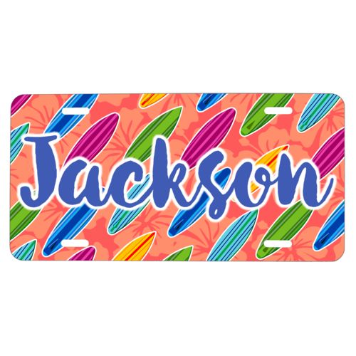 Custom car plate personalized with boards pattern and the saying "Jackson"