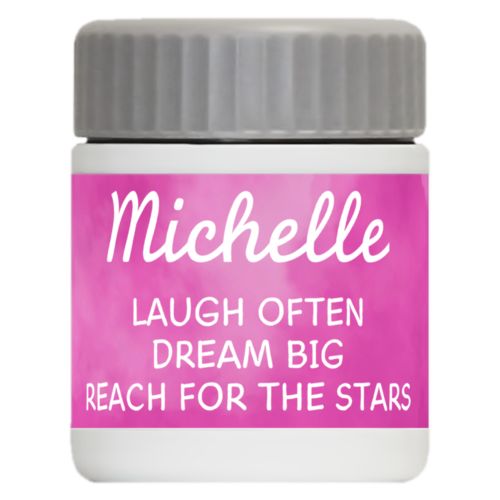 Personalized 12oz food jar personalized with pink cloud pattern and the saying "Michelle laugh often dream big reach for the stars"