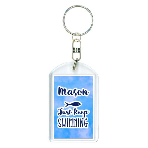 Personalized keychain personalized with light blue cloud pattern and the sayings "Just Keep Swimming" and "Mason"