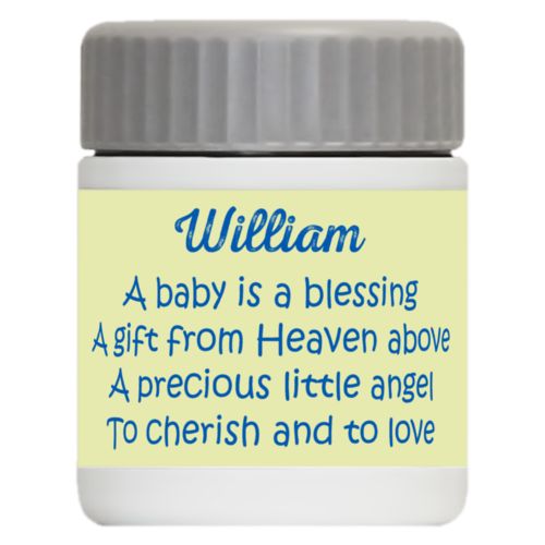 Personalized 12oz food jar personalized with the saying "William A baby is a blessing A gift from Heaven above A precious little angel To cherish and to love"