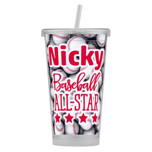 Personalized tumbler personalized with baseballs pattern and the sayings "baseball all-star" and "Nicky"