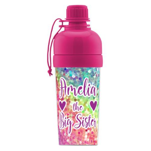 Kids water bottle personalized with glitter pattern and the sayings "Amelia the Big Sister" and "Heart" and "Heart"