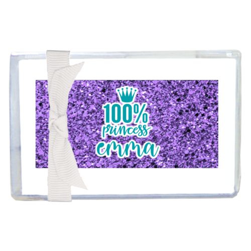 Personalized enclosure cards personalized with lavender glitter pattern and the sayings "100% princess" and "emma"