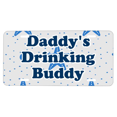 Custom license plate personalized with blue starfish pattern and the saying "Daddy's Drinking Buddy"