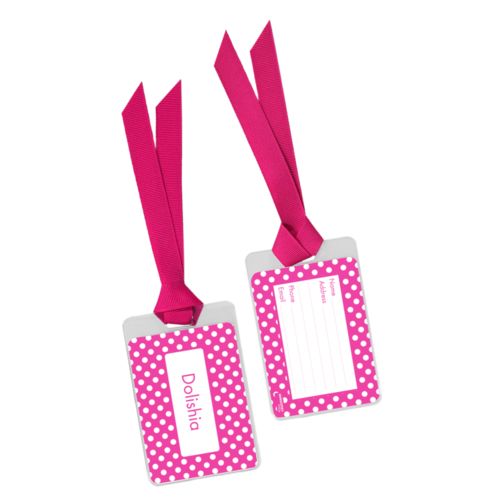 Personalized bag tag personalized with medium dots pattern and name in juicy pink and white