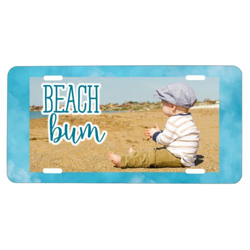 Personalized license plate personalized with teal cloud pattern and photo and the saying "Beach bum"