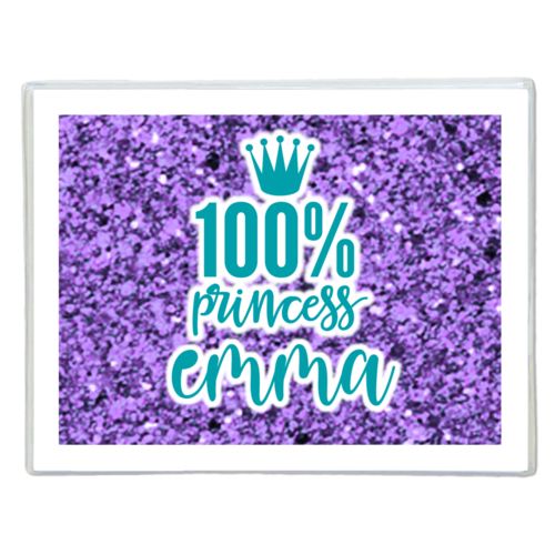 Personalized note cards personalized with lavender glitter pattern and the sayings "100% princess" and "emma"