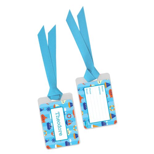 Personalized bag tag personalized with submarine pattern and name in teal