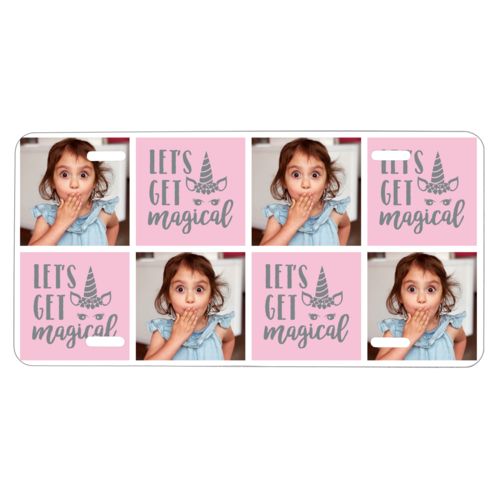 Personalized front license plate personalized with a photo and the saying "let's get magical" in silver and rosy cheeks pink