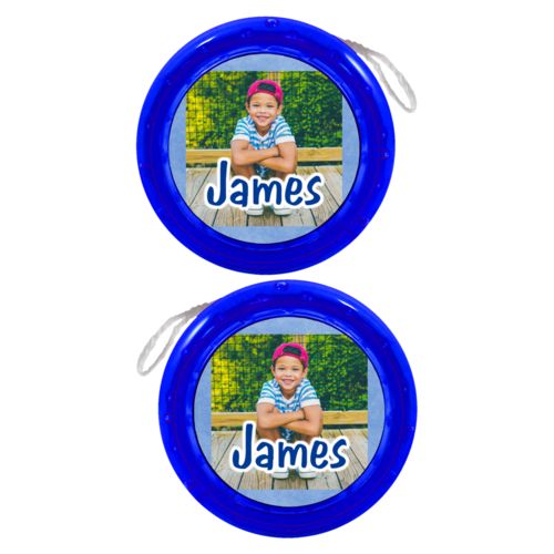 Personalized yoyo personalized with blue chalk pattern and photo and the saying "James"