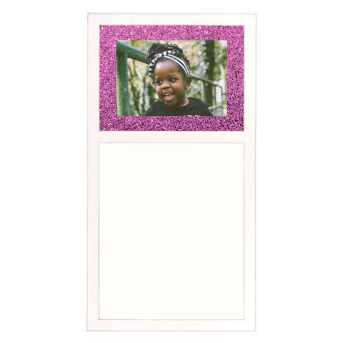 Personalized white board personalized with light pink glitter pattern and photo