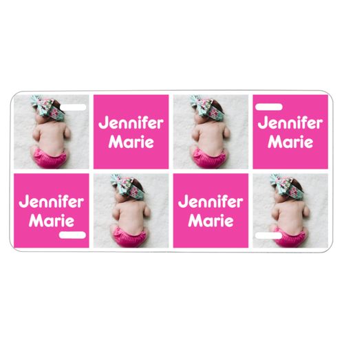 Custom plate personalized with a photo and the saying "Jennifer Marie" in juicy pink and white
