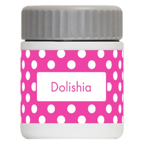 Personalized 12oz food jar personalized with medium dots pattern and name in juicy pink and white
