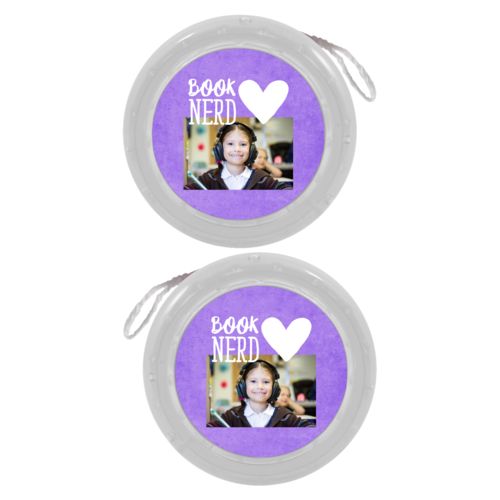 Personalized yoyo personalized with purple chalk pattern and photo and the sayings "book nerd" and "Heart"