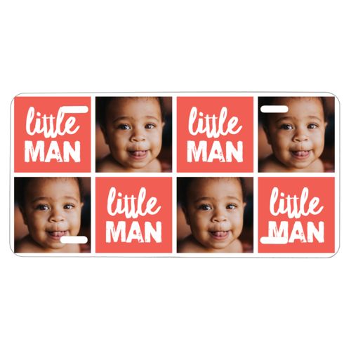 Custom car tag personalized with a photo and the saying "little man" in flamingo and white