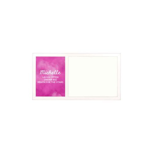 Personalized white board personalized with pink cloud pattern and the saying "Michelle laugh often dream big reach for the stars"
