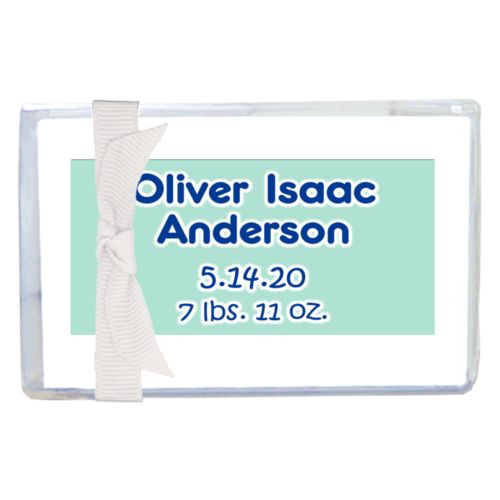 Personalized enclosure cards personalized with the saying "Oliver Isaac Anderson 5.14.20 7 lbs. 11 oz."