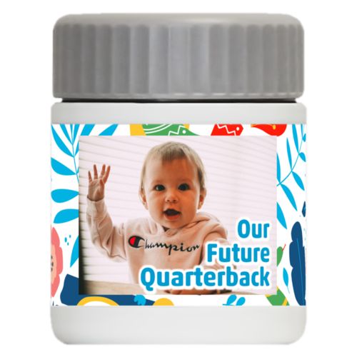 Personalized 12oz food jar personalized with jungle pattern and photo and the saying "Our Future Quarterback"