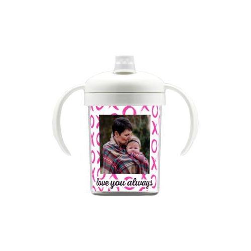 Personalized sippycup personalized with hugs pattern and photo and the saying "love you always"