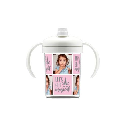 Personalized sippycup personalized with a photo and the saying "let's get magical" in silver and rosy cheeks pink