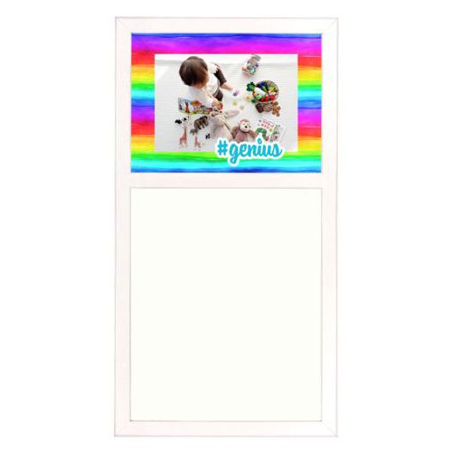 Personalized white board personalized with rainbow bright pattern and photo and the saying "#genius"