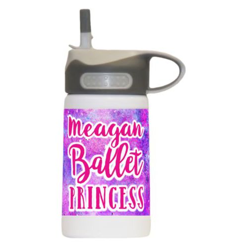 Water bottle for girls personalized with splatter paint pattern and the sayings "ballet princess" and "Meagan"
