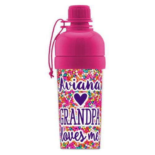 Kids water bottle personalized with sweets sprinkle pattern and the sayings "Grandpa loves me" and "Aviana"