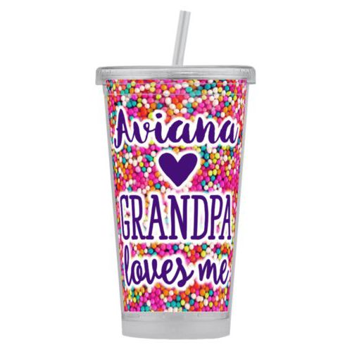 Personalized tumbler personalized with sweets sprinkle pattern and the sayings "Grandpa loves me" and "Aviana"