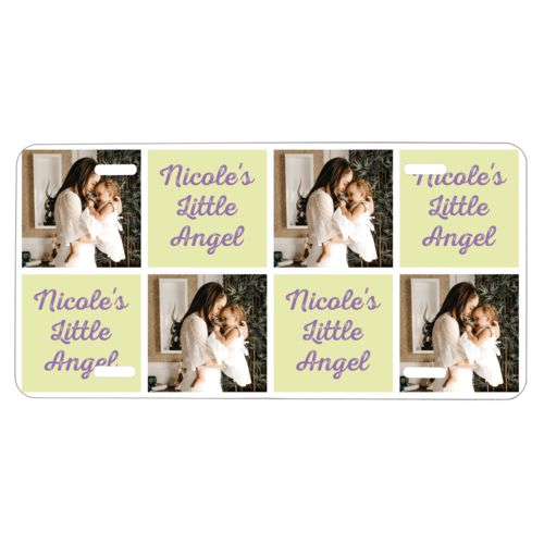 Custom car plate personalized with a photo and the saying "Nicole's Little Angel" in grape purple and morning dew green