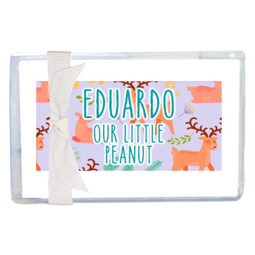 Personalized enclosure cards personalized with animals deer pattern and the saying "Eduardo our little peanut"