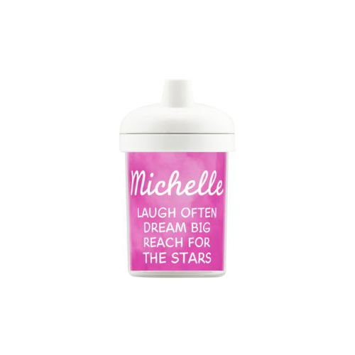 Personalized toddlercup personalized with pink cloud pattern and the saying "Michelle laugh often dream big reach for the stars"