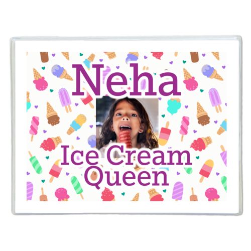Personalized note cards personalized with scoops pattern and photo and the saying "Neha Ice Cream Queen"