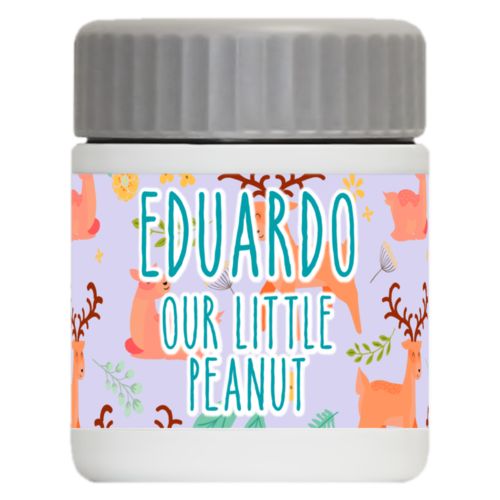 Personalized 12oz food jar personalized with animals deer pattern and the saying "Eduardo our little peanut"