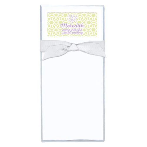 Personalized note sheets personalized with lattice pattern and the sayings "Meredith came into the world smiling" and "Smiling Heart"
