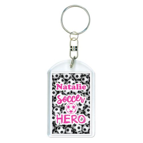 Personalized keychain personalized with soccer balls pattern and the sayings "Soccer Hero" and "Natalie"