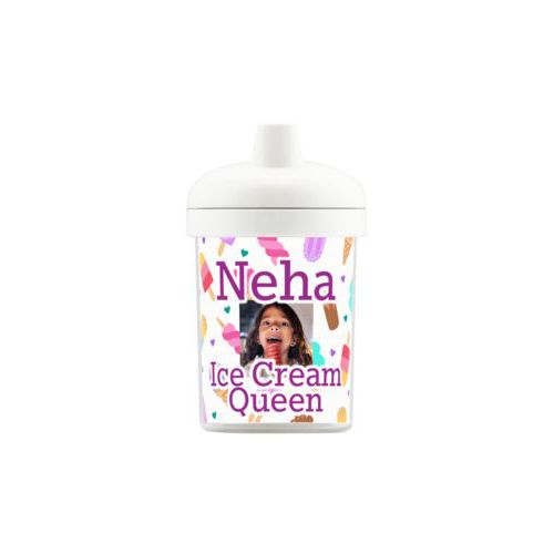 Personalized toddlercup personalized with scoops pattern and photo and the saying "Neha Ice Cream Queen"