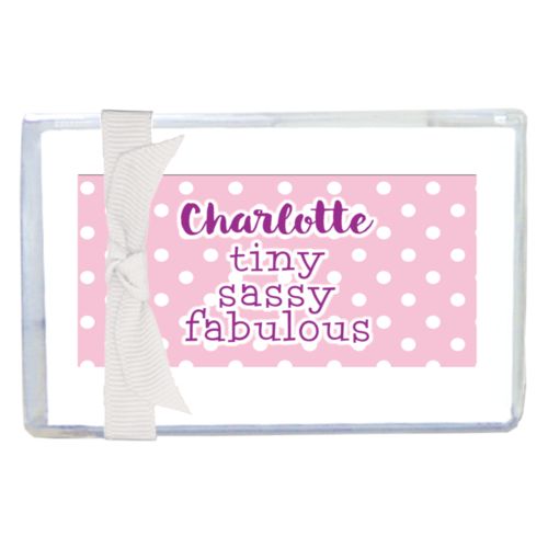 Personalized enclosure cards personalized with small dots pattern and the saying "Charlotte tiny sassy fabulous"