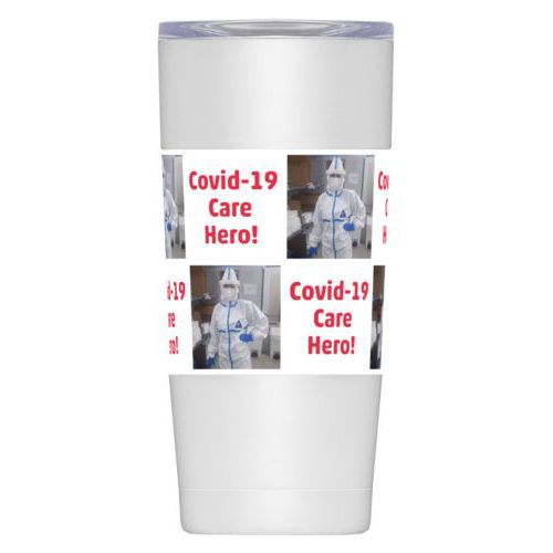 Personalized insulated steel mug personalized with a photo and the saying "Covid-19 Care Hero!" in white and cherry red