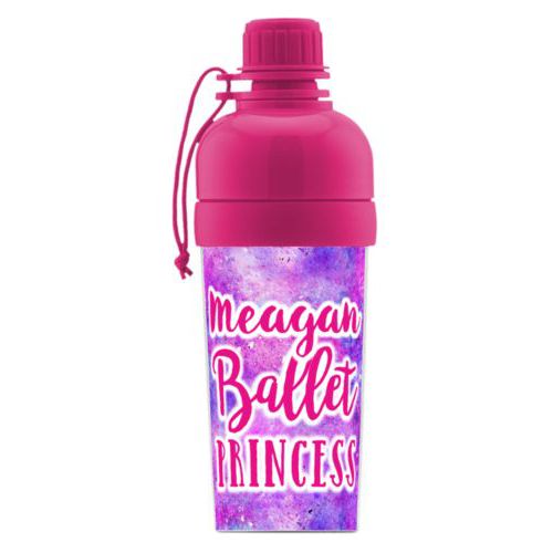 Kids water bottle personalized with splatter paint pattern and the sayings "ballet princess" and "Meagan"