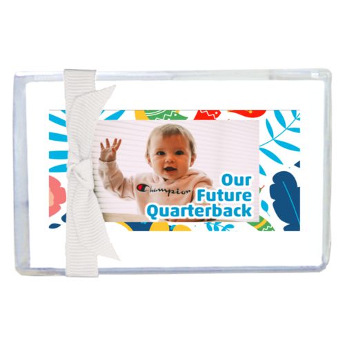 Personalized enclosure cards personalized with jungle pattern and photo and the saying "Our Future Quarterback"