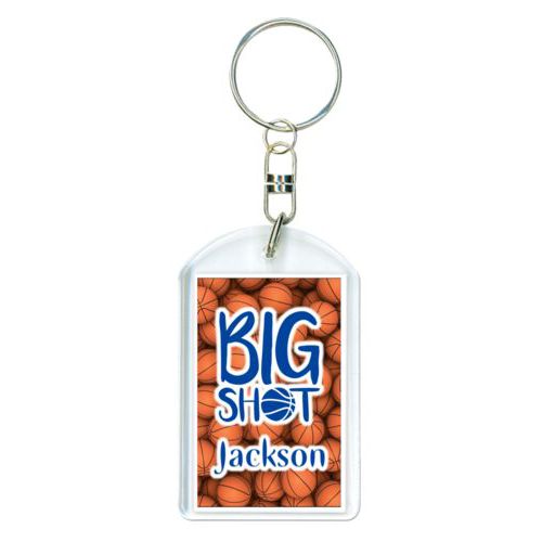 Personalized plastic keychain personalized with basketballs pattern and the sayings "big shot" and "Jackson"