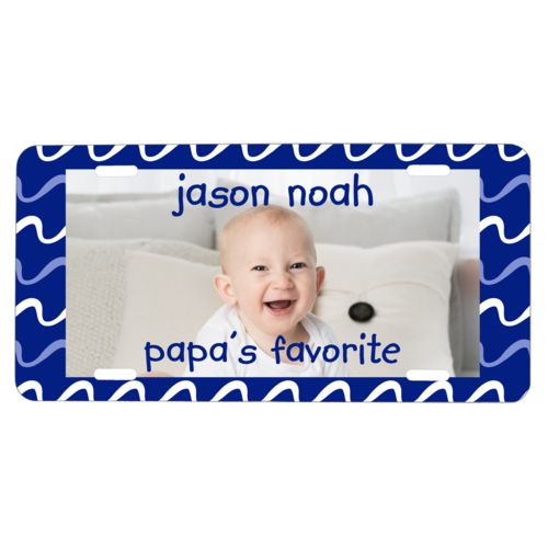 Custom license plate personalized with break pattern and photo and the sayings "papa's favorite" and "jason noah"
